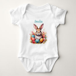 Body Para Bebé Cute Bunny Eggs Flowers Happy Easter Name