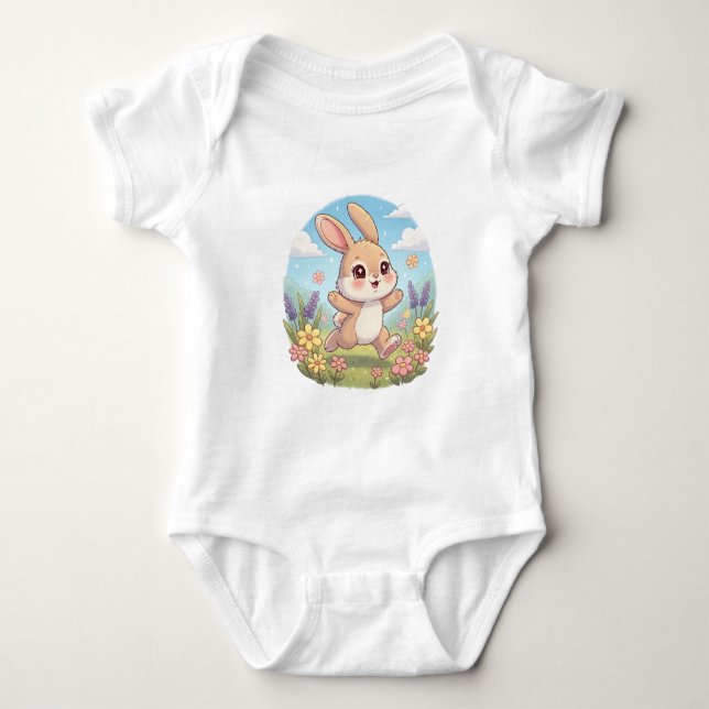 Body Para Bebé Cute Bunny Hopping in a Flower Field (Anverso)
