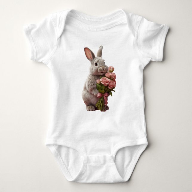 Body Para Bebé  “Cute Bunny with Pink Roses” Adorable Art Design (Anverso)