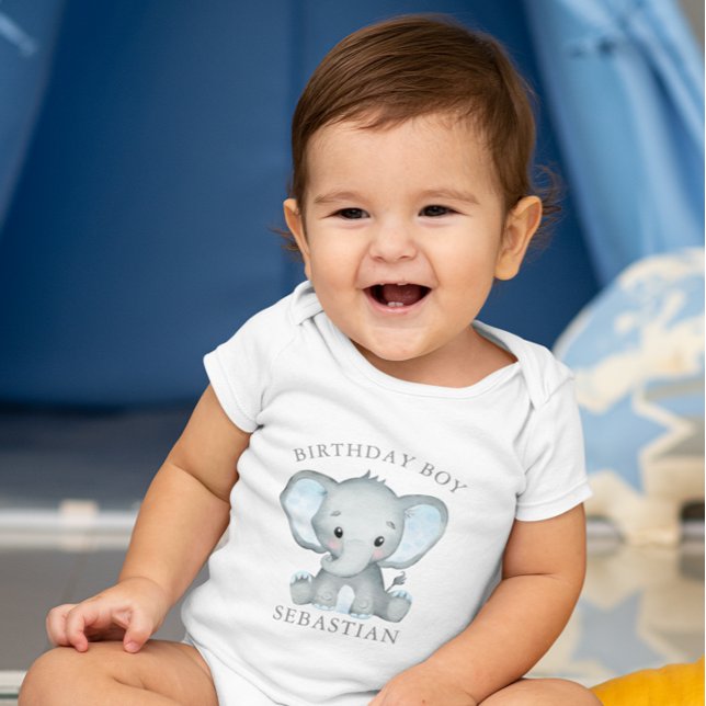 Body Para Bebé Cute Elephant Watercolor Primer Niño Cumpleaños (Cute Elephant Watercolor 1st Birthday Boy Baby Bodysuit)