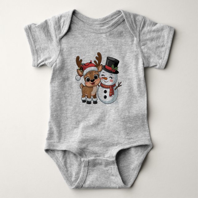 Body Para Bebé Cute Holiday Reindeer & Snowman (Anverso)