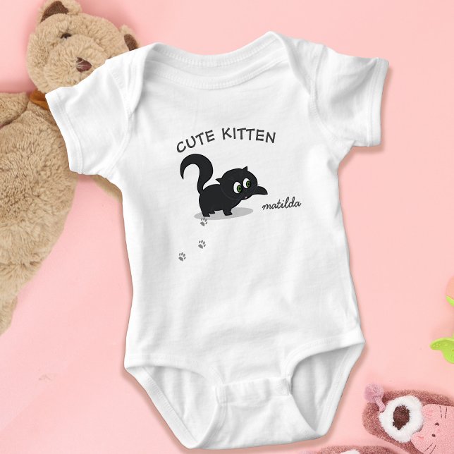 Body Para Bebé Cute Kitten Negro Gato Chica Nombre Baby Bodysuit (A cute little kitty cat baby bodysuit with space for your little one's name)