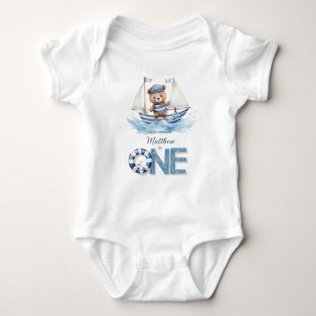 Body Para Bebé Cute Nautical Blue Boat Teddy Bear 1er cumpleaños (Anverso)