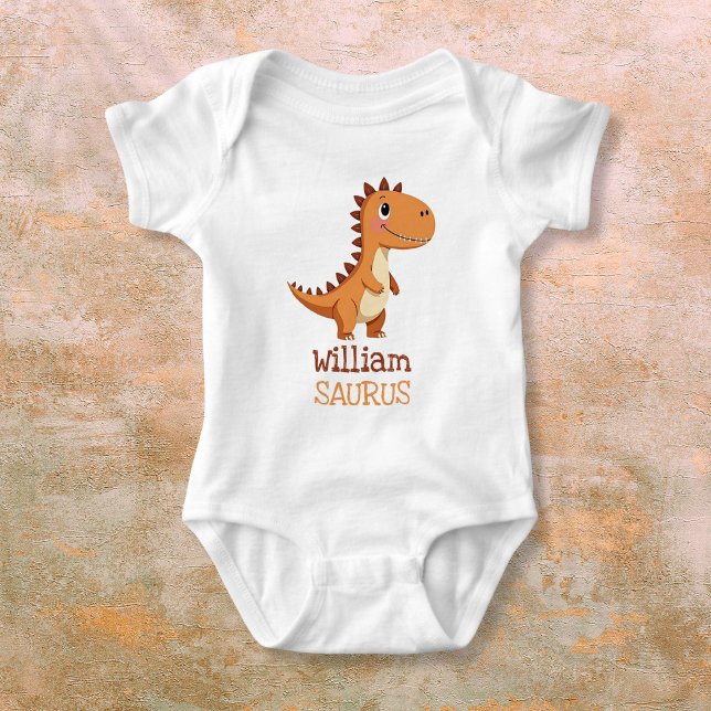 Body Para Bebé Cute Neutral Dinosaur Nombre Personalizado (Cute Neutral Dinosaur Personalized Name Baby Bodysuit)