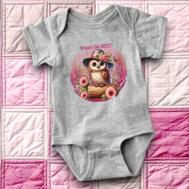 Body Para Bebé Cute Owl with Hat & Floral Scene (Owl art baby bodysuit with template text)