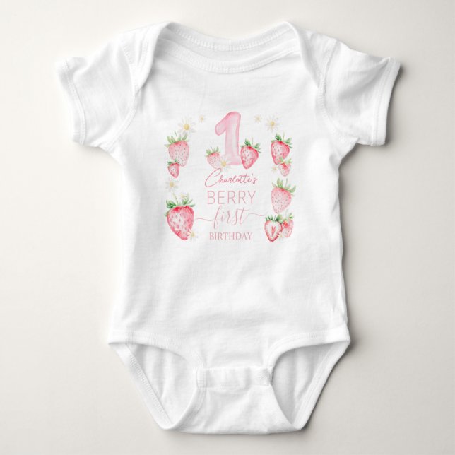 Body Para Bebé Cute Pink Strawberries Berry First 1st Birthday (Anverso)