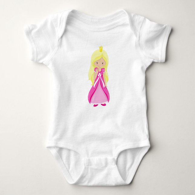 Body Para Bebé Cute Princesa, Corona, Cabello Rubio, Vestido Rosa (Anverso)