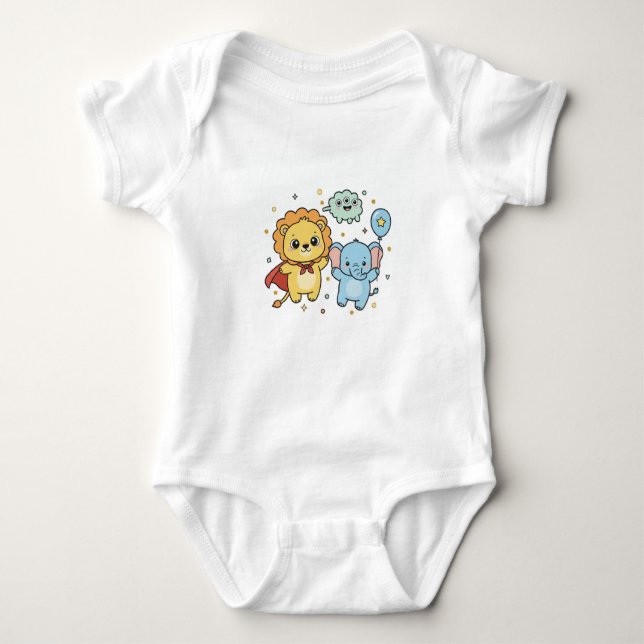 Body Para Bebé Cute Superhero Lion and Elephant Friends Cartoon (Anverso)