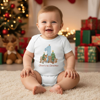Body Para Bebé Cute Woodland Animals Baby First Christmas Blue 1