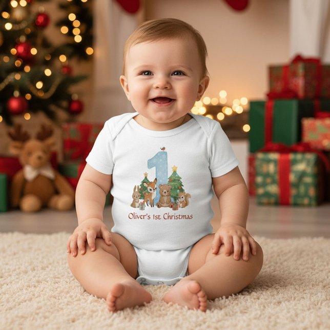 Body Para Bebé Cute Woodland Animals Baby First Christmas Blue 1 (Subido por el creador)