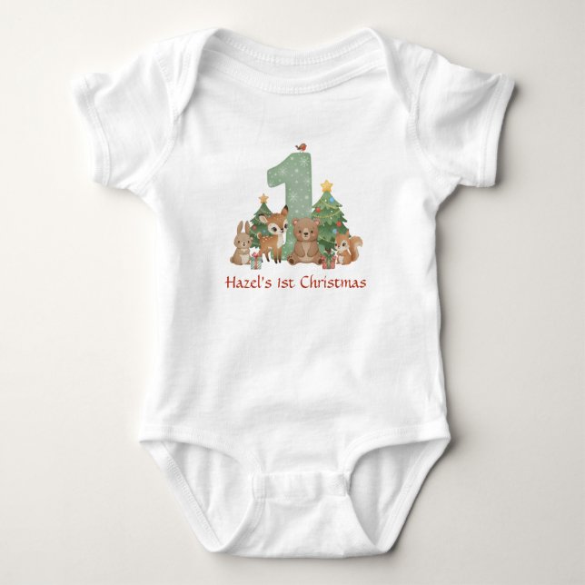Body Para Bebé Cute Woodland Animals Baby First Christmas Green 1 (Anverso)