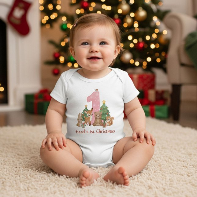 Body Para Bebé Cute Woodland Animals Baby First Christmas Pink 1 (Subido por el creador)