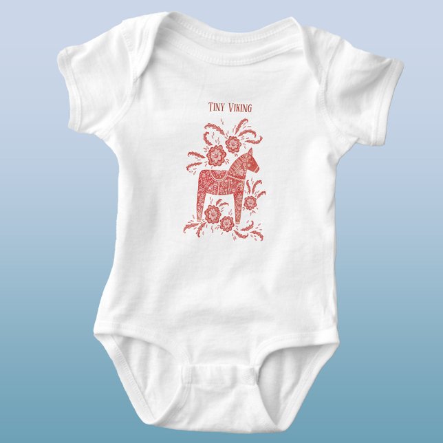 Body Para Bebé Dala sueca Caballo Rojo Tiny Viking (Swedish Dala Horse red and white Tiny Viking baby bodysuit)