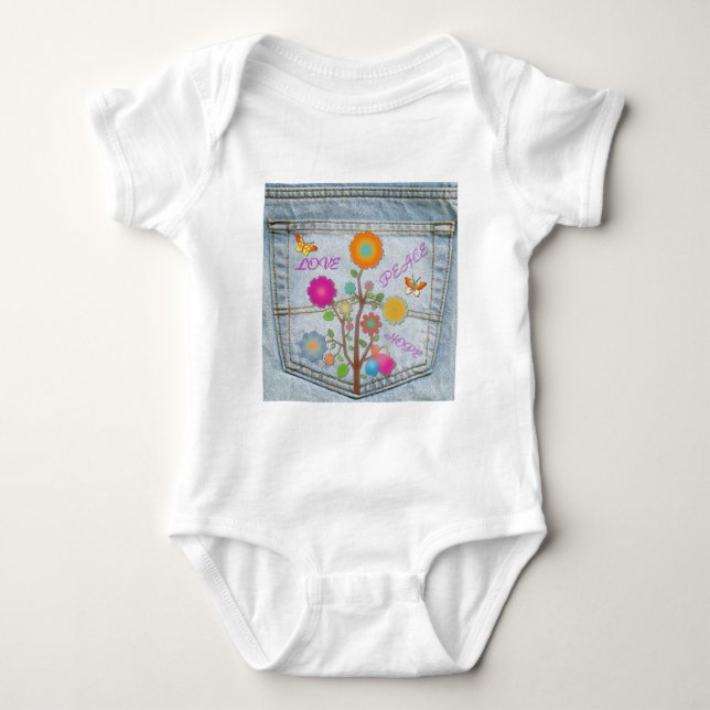 Body Para Bebé Denim Back Pocket Flowers Peace Love Hope (Anverso)