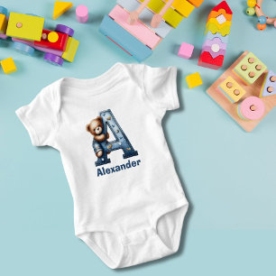 Body Para Bebé Denim Monograma A Teddy Bear