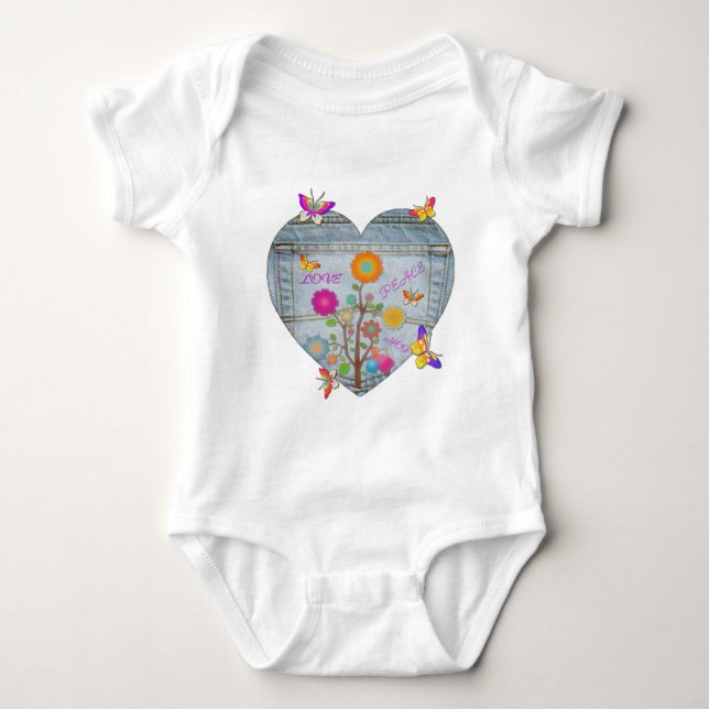 Body Para Bebé Denim Pocket Heart Flowers Butterflies (Anverso)