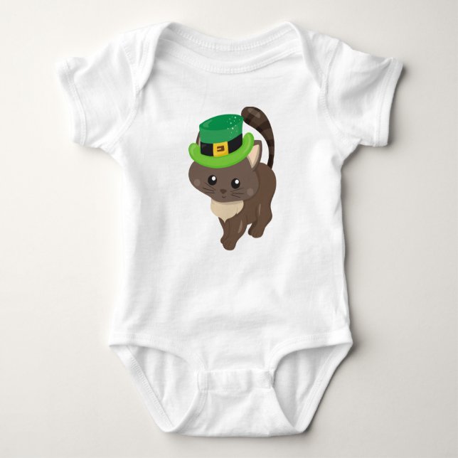 Body Para Bebé Día de San Patricio, gato marrón, Gorra de Leprech (Anverso)