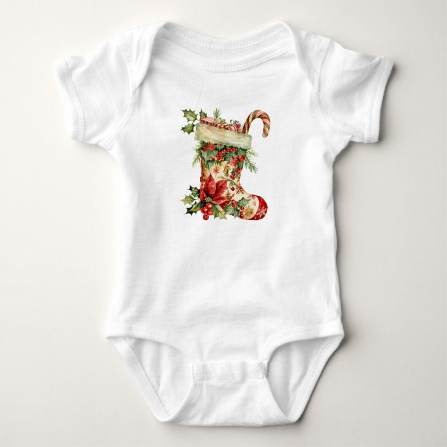 Body Para Bebé Diseño adorable de calcetín de Navidad en acuarela (Anverso)