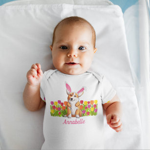 Body Para Bebé Easter Corgi Bunny Ears Flowe Cute Personalizado