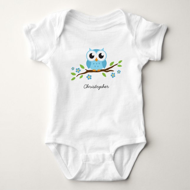 Body Para Bebé El búho azul lindo en rama floral personalizó (Anverso)