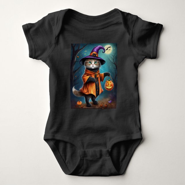 Body Para Bebé El gato como bruja adorable Halloween (Anverso)