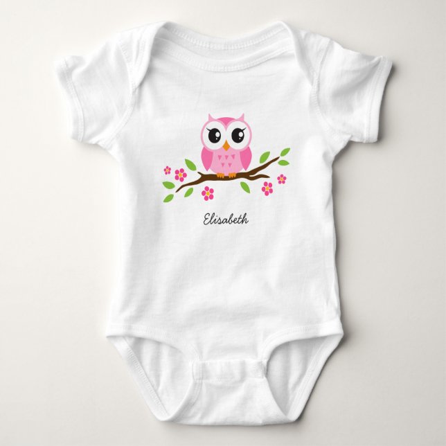 Body Para Bebé El pequeño búho rosado en rama floral personalizó (Anverso)