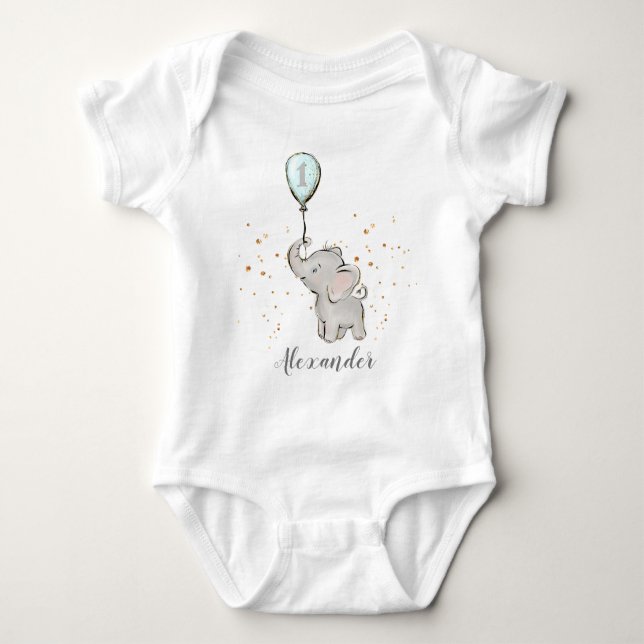 Body Para Bebé Elefante bebé con globo de primer cumpleaños (Anverso)