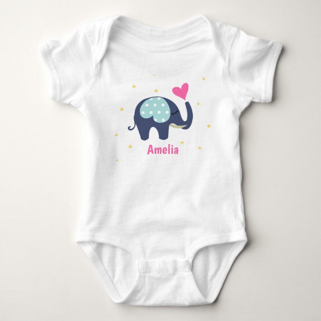 Body Para Bebé Elefante gris puro y corazón rosado personalizado (Anverso)