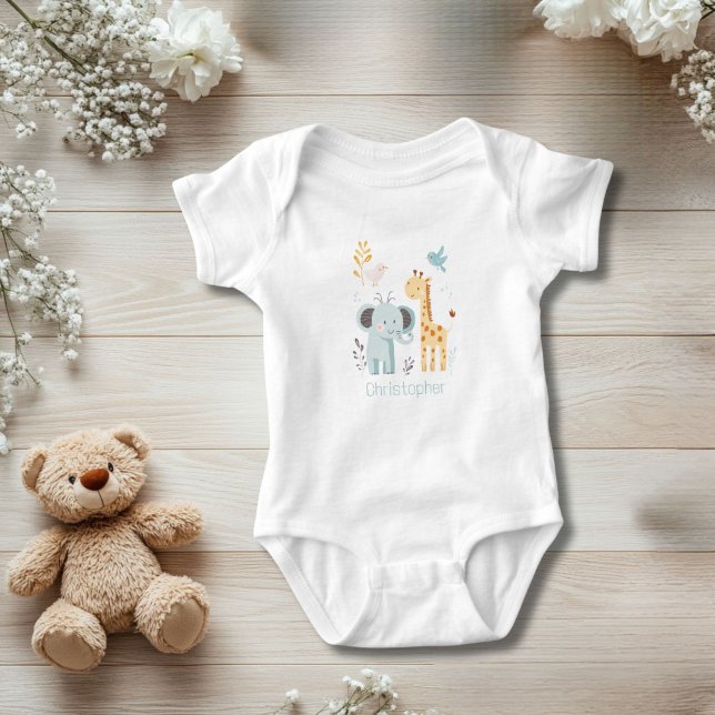 Body Para Bebé Elefante personalizado Giraffe Bird Animals Boy (Elephant Giraffe Bird Personalized Baby Body Suit for baby boy. Baby shower gift)