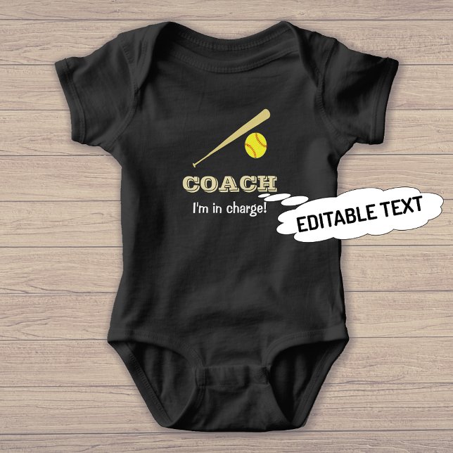 Body Para Bebé Entrenador de softbol divertidos deportes de nombr (The sample shows the black bodysuit with the 'vivid printing' option)