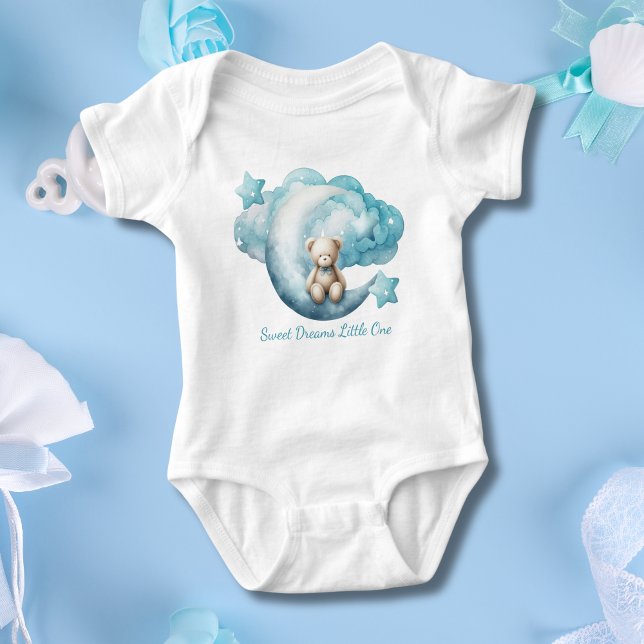 Body Para Bebé Estrella de la luna del bebé personalizada Cloud B (Personalized Blue Baby Bear Sitting on Moon with Stars and clouds. Baby shower gift baby boy)