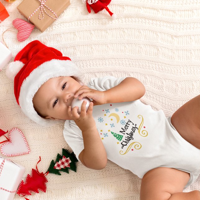Body Para Bebé Estrellas, luna, copos de nieve y Feliz Navidad (Stars, Moon, Snowflakes, and Merry Christmas Baby Bodysuit)