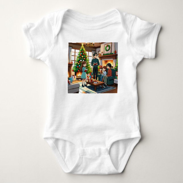 Body Para Bebé Familia alrededor de la chimenea en los Navidades (Anverso)
