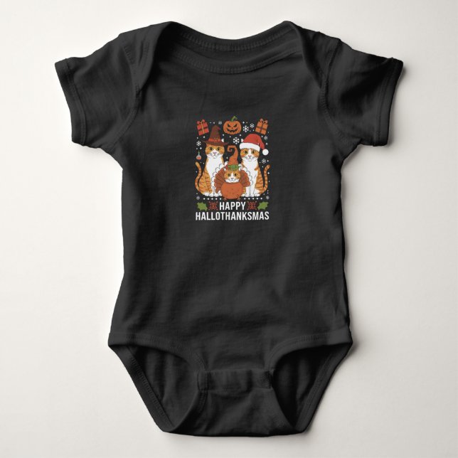 Body Para Bebé Felices Hallothanksmas Gatos Halloween Navidad  (Anverso)