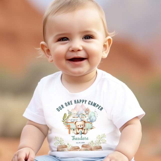 Body Para Bebé Feliz Camper Summer 1er cumpleaños (Happy Camper Summer 1st Birthday Boy Baby Bodysuit)