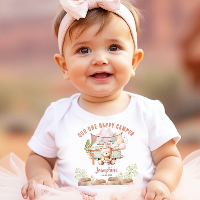 Body Para Bebé Feliz Camper Verano Primer Chica de Cumpleaños (Happy Camper Summer 1st Birthday Girl Baby Bodysuit)