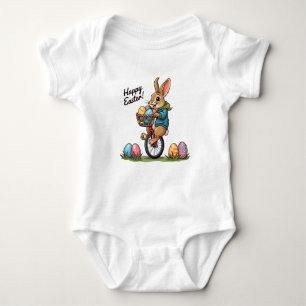 Body Para Bebé Feliz Conejo de Pascua en un uniciclo con canasta 