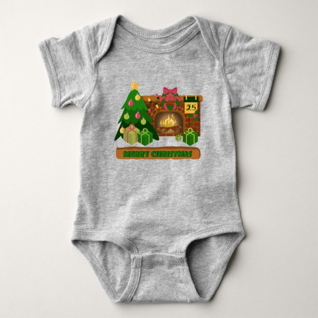 Body Para Bebé Feliz Navidad cerca de la chimenea de fuego árbol  (Anverso)