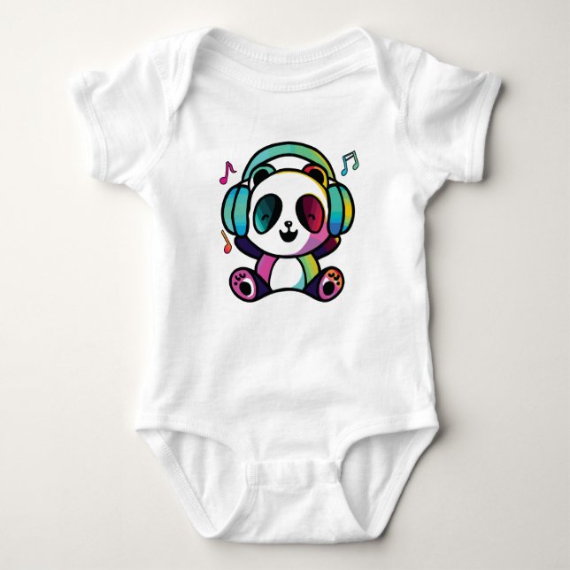 Body Para Bebé Feliz Panda con auriculares escuchando música. (Anverso)