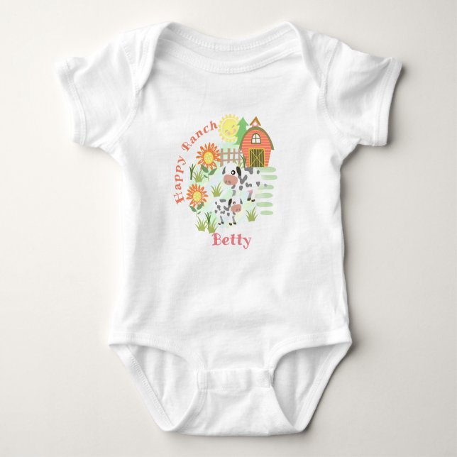 Body Para Bebé Feliz Rancho Vaca. Personalizado. Baby Bodysuit (Anverso)