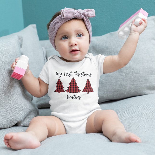 Body Para Bebé Festividad de navidades Mi primer cheque de búfalo (Custom my first Christmas baby body suit with buffalo check Christmas trees. )