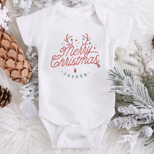 Body Para Bebé Festividad de reno por nombre de familia navideña (Merry Christmas Family Name Reindeer Holiday Baby Bodysuit)