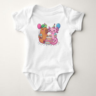 Body Para Bebé Fiesta de Cumpleaños de Capibara y Ajolote Kawaii