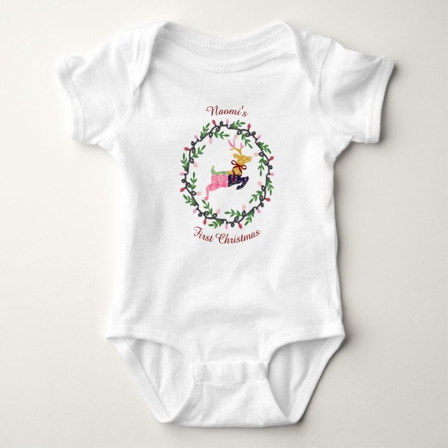 Body Para Bebé First Christmas Deer with Wreath Customize (Anverso)