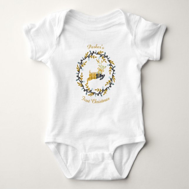 Body Para Bebé First Christmas Deer with Wreath Yellow Customize (Anverso)
