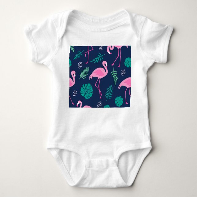 Body Para Bebé Flamencos rosas, palmeras tropicales, costureras d (Anverso)