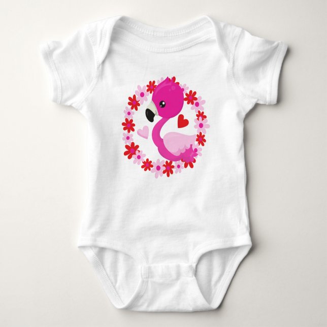 Body Para Bebé Flamingo, Flamingo Rosa, Ave, Flores, Corazón (Anverso)