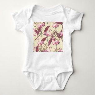 Body Para Bebé Flamingo rosa tropical, patrón leopardo.