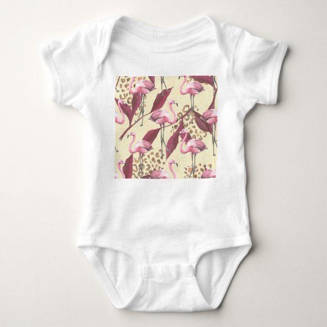 Body Para Bebé Flamingo rosa tropical, patrón leopardo. (Anverso)