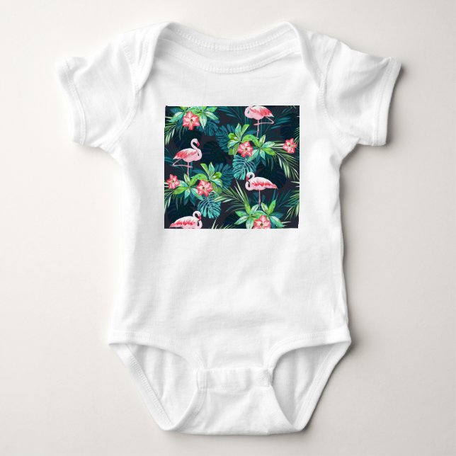 Body Para Bebé Flamingo tropical: Patrón de flores de verano (Anverso)